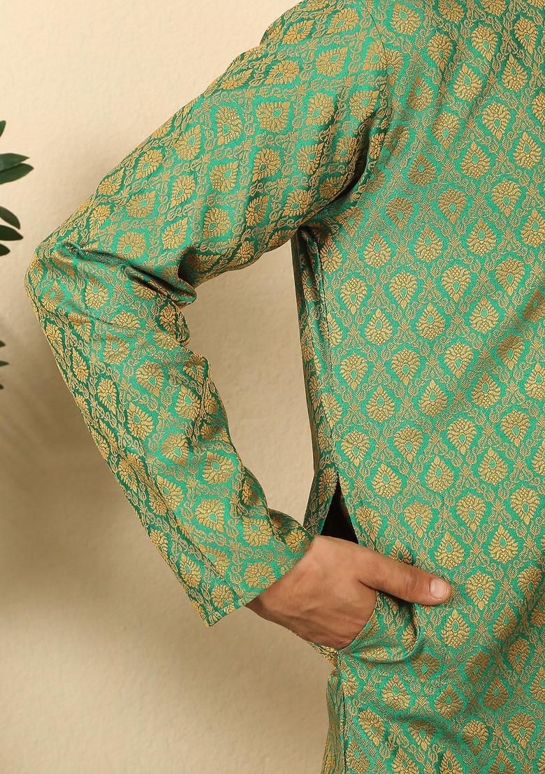 Green Paisley Silk Blend Kurta For Men - Indya