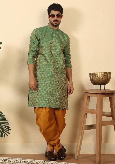 Green Paisley Silk Blend Kurta For Men