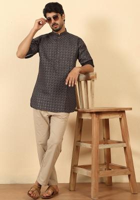 Black Floral Print Cotton Kurta For Men