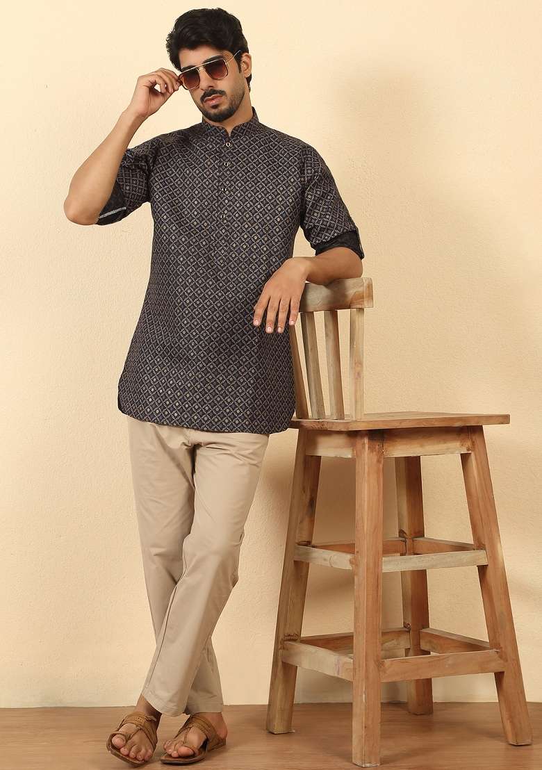 Black Floral Print Cotton Kurta For Men - Indya