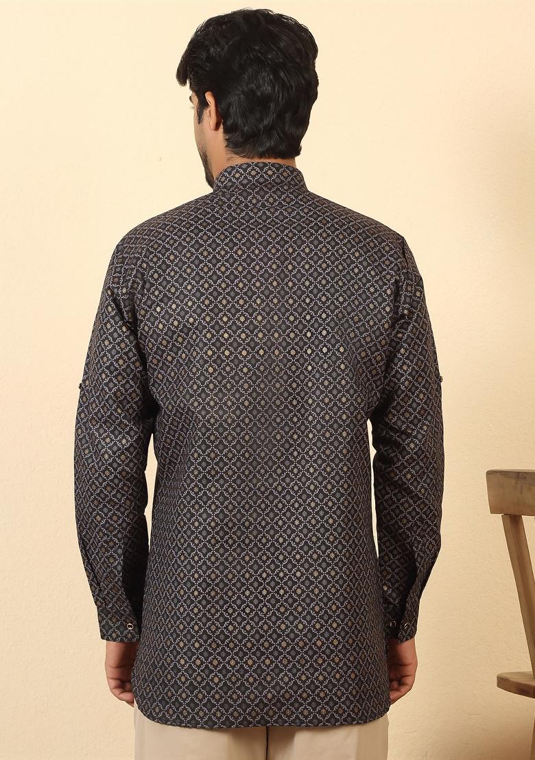 Black Floral Print Cotton Kurta For Men - Indya