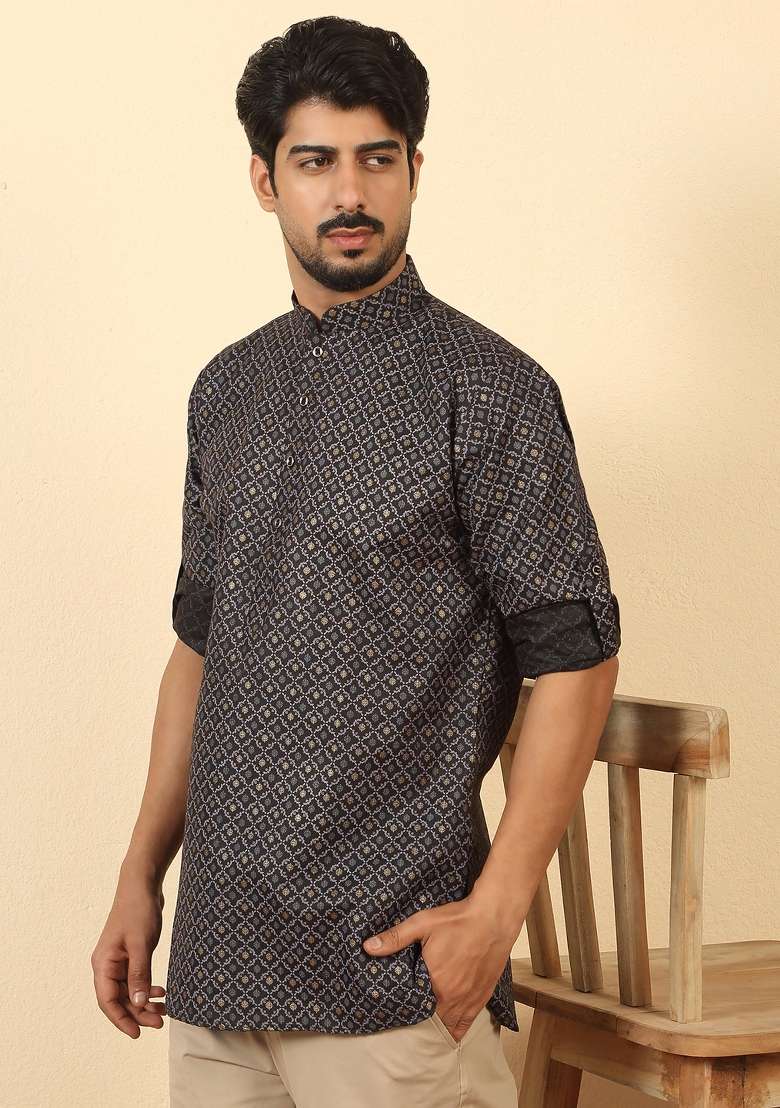 Black Floral Print Cotton Kurta For Men - Indya