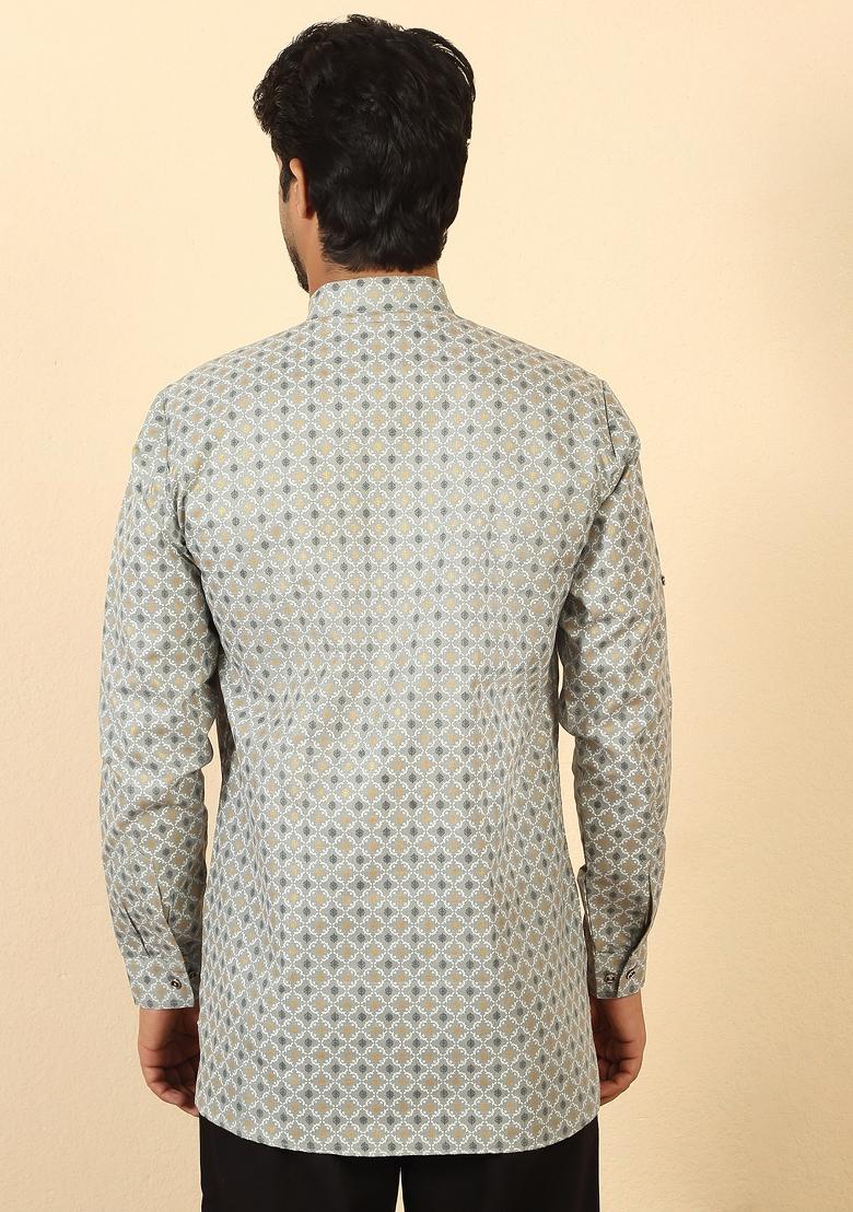 Grey Floral Print Cotton Kurta For Men - Indya