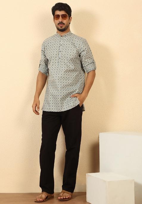 Grey Floral Print Cotton Kurta For Men