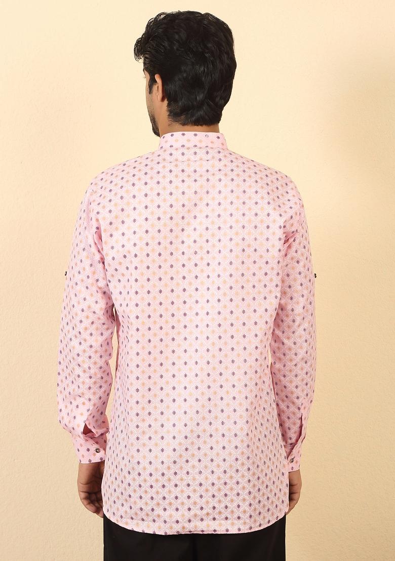 Pink Floral Print Cotton Kurta For Men - Indya