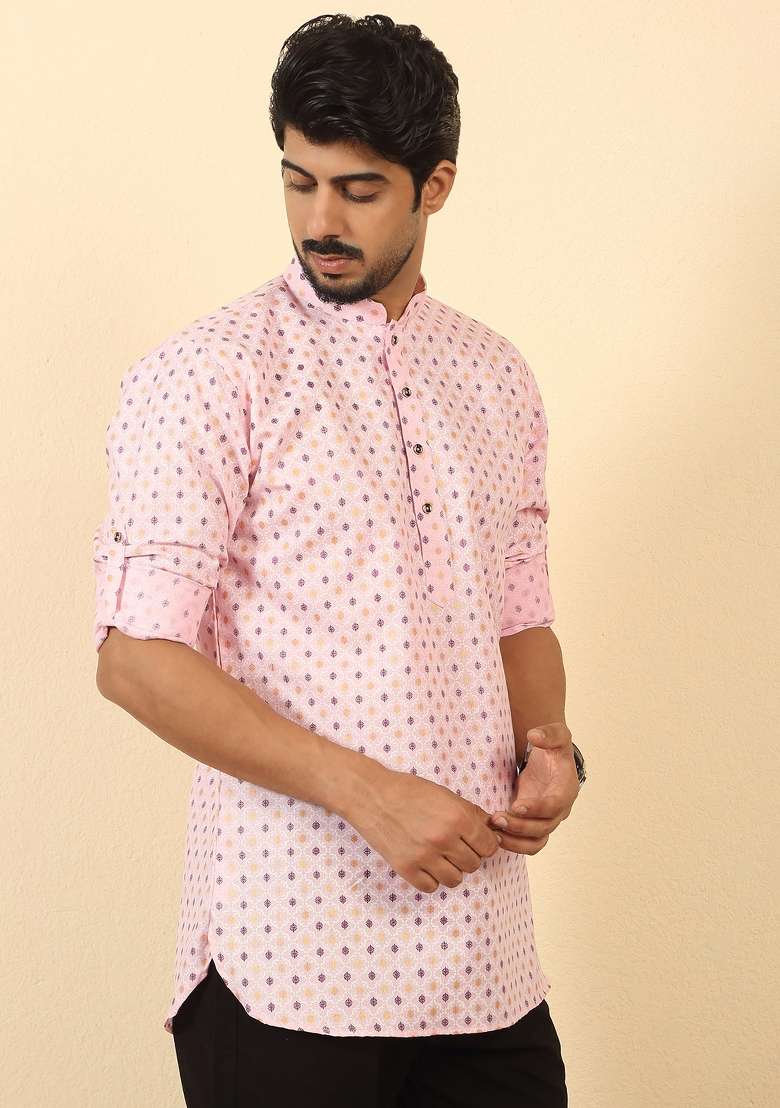 Pink Floral Print Cotton Kurta For Men - Indya