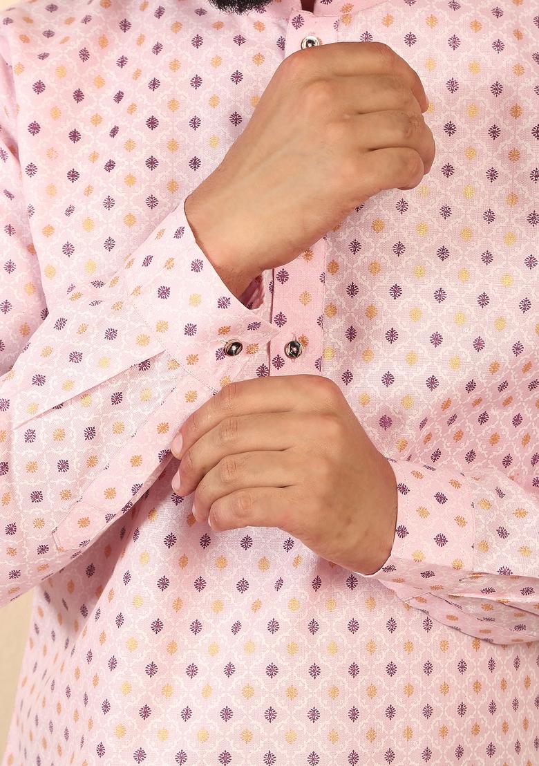 Pink Floral Print Cotton Kurta For Men - Indya