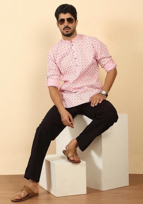 Pink Floral Print Cotton Kurta For Men