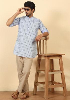 Sky Blue Floral Print Cotton Kurta For Men