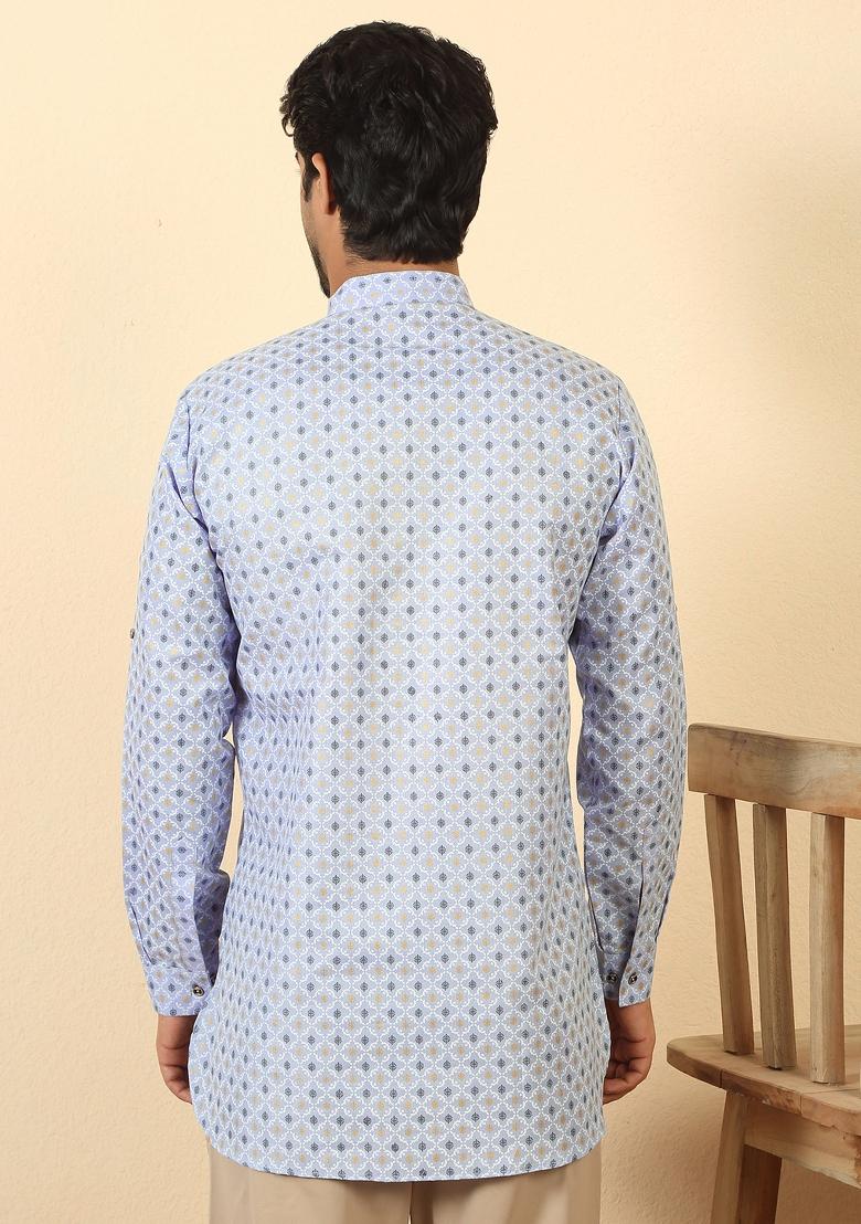 Sky Blue Floral Print Cotton Kurta For Men - Indya