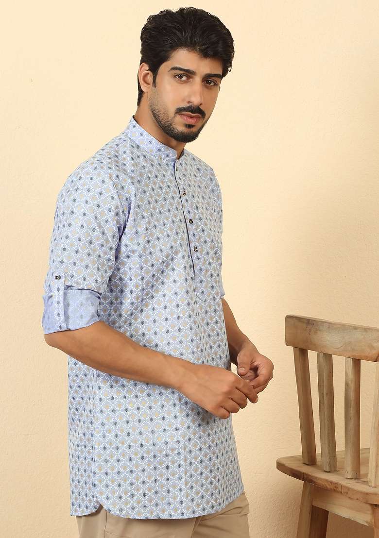 Sky Blue Floral Print Cotton Kurta For Men - Indya