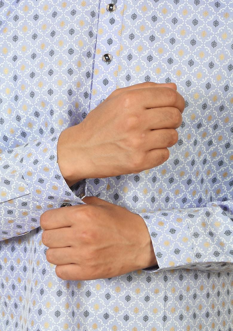 Sky Blue Floral Print Cotton Kurta For Men - Indya