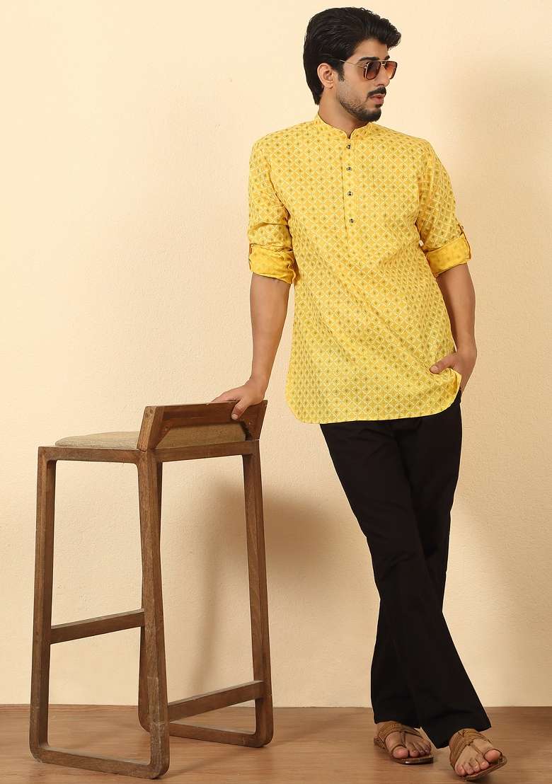 Yellow Floral Print Cotton Kurta For Men - Indya
