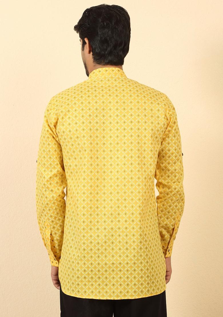 Yellow Floral Print Cotton Kurta For Men - Indya