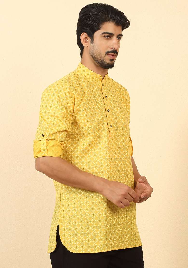 Yellow Floral Print Cotton Kurta For Men - Indya