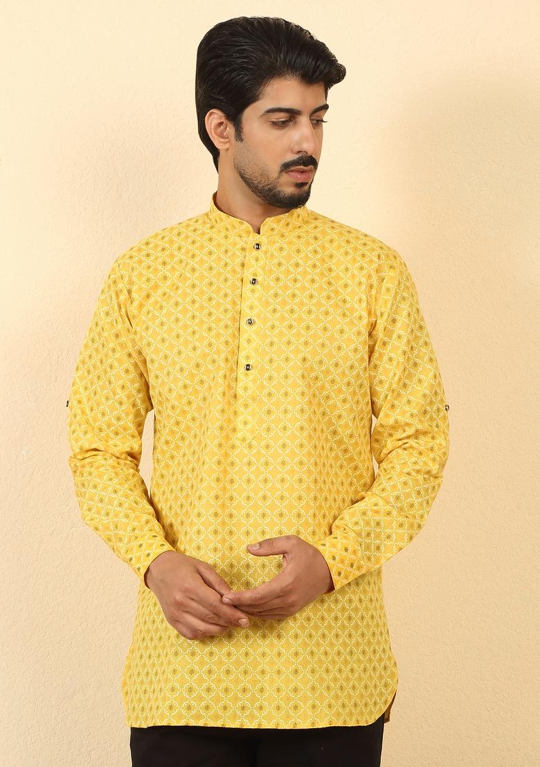 Yellow Floral Print Cotton Kurta For Men - Indya