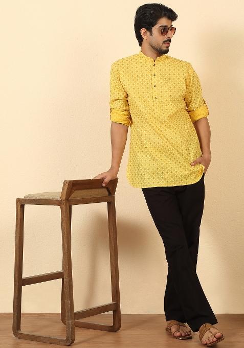 Yellow Floral Print Cotton Kurta For Men