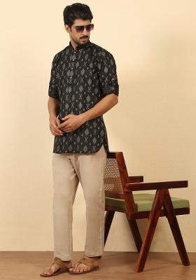 Black Floral Print Cotton Kurta For Men