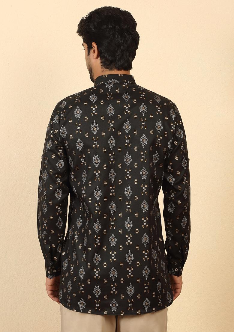Black Floral Print Cotton Kurta For Men - Indya