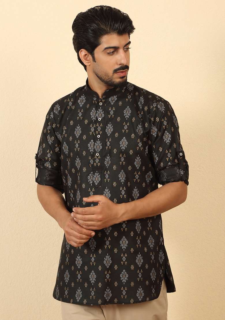 Black Floral Print Cotton Kurta For Men - Indya