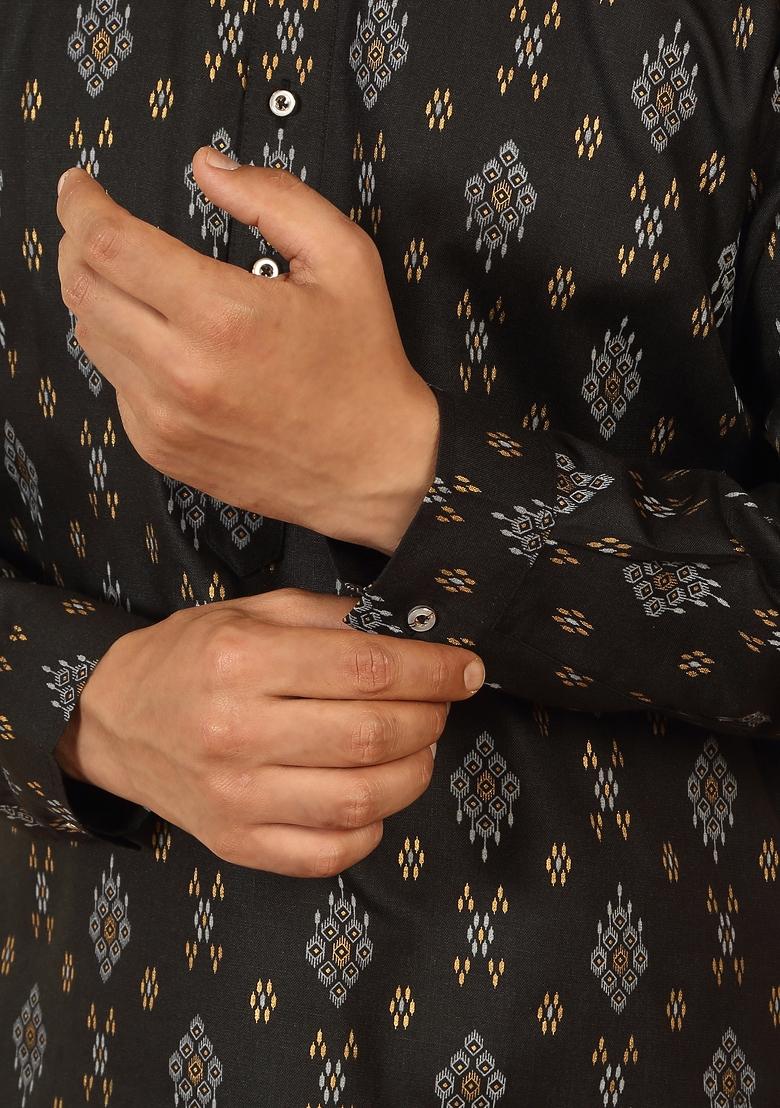 Black Floral Print Cotton Kurta For Men - Indya