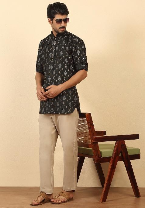Black Floral Print Cotton Kurta For Men