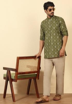 Olive Floral Print Cotton Kurta For Men