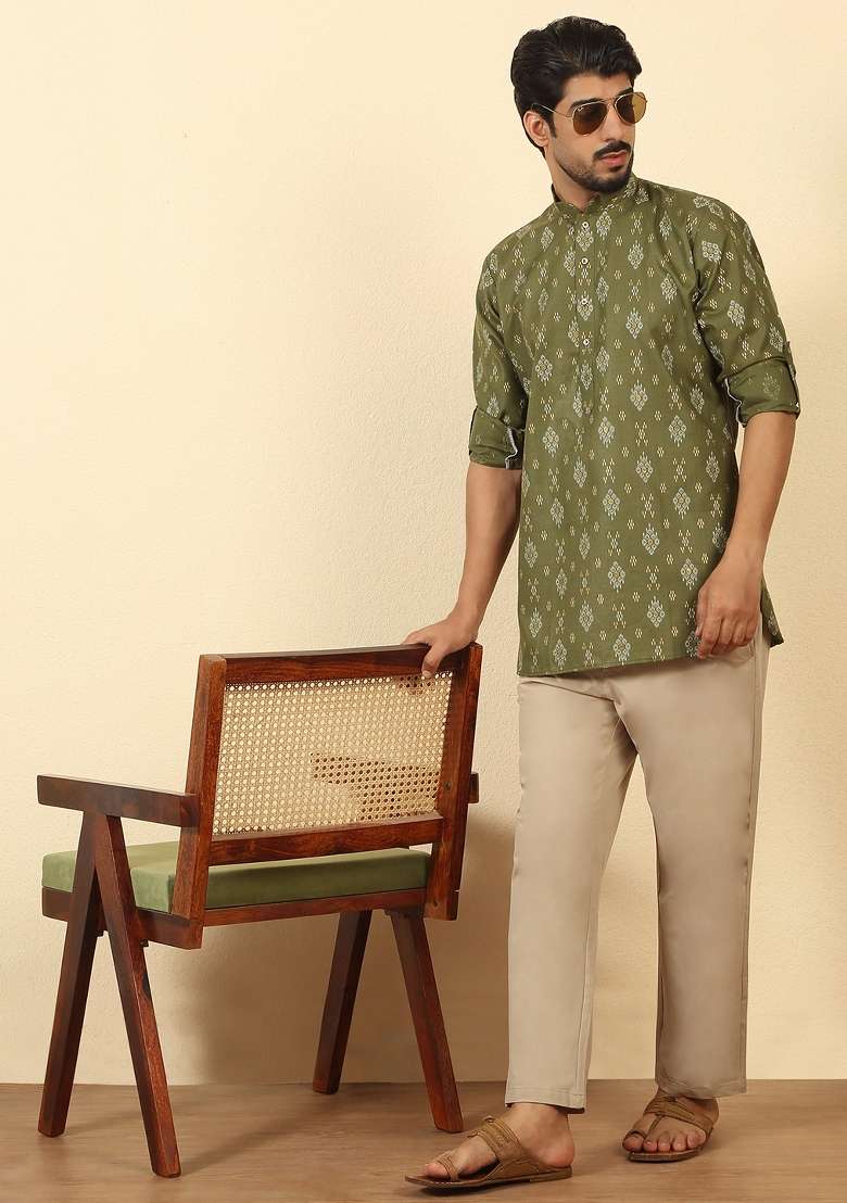 Olive Floral Print Cotton Kurta For Men - Indya