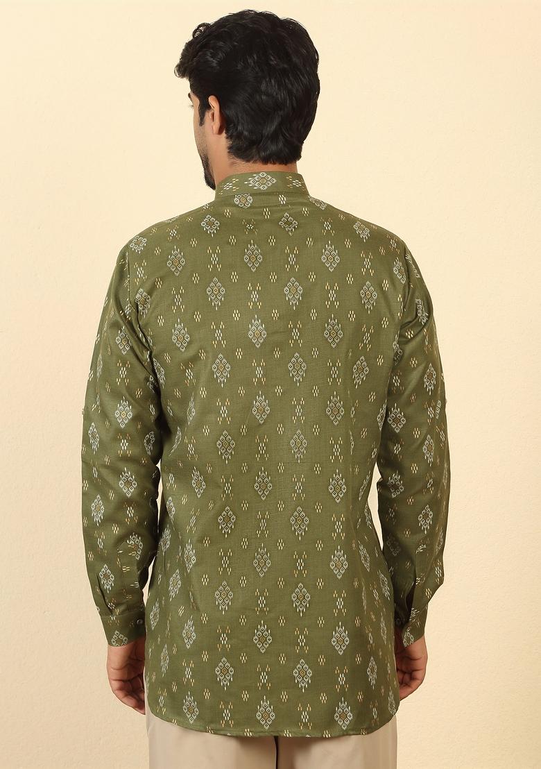 Olive Floral Print Cotton Kurta For Men - Indya