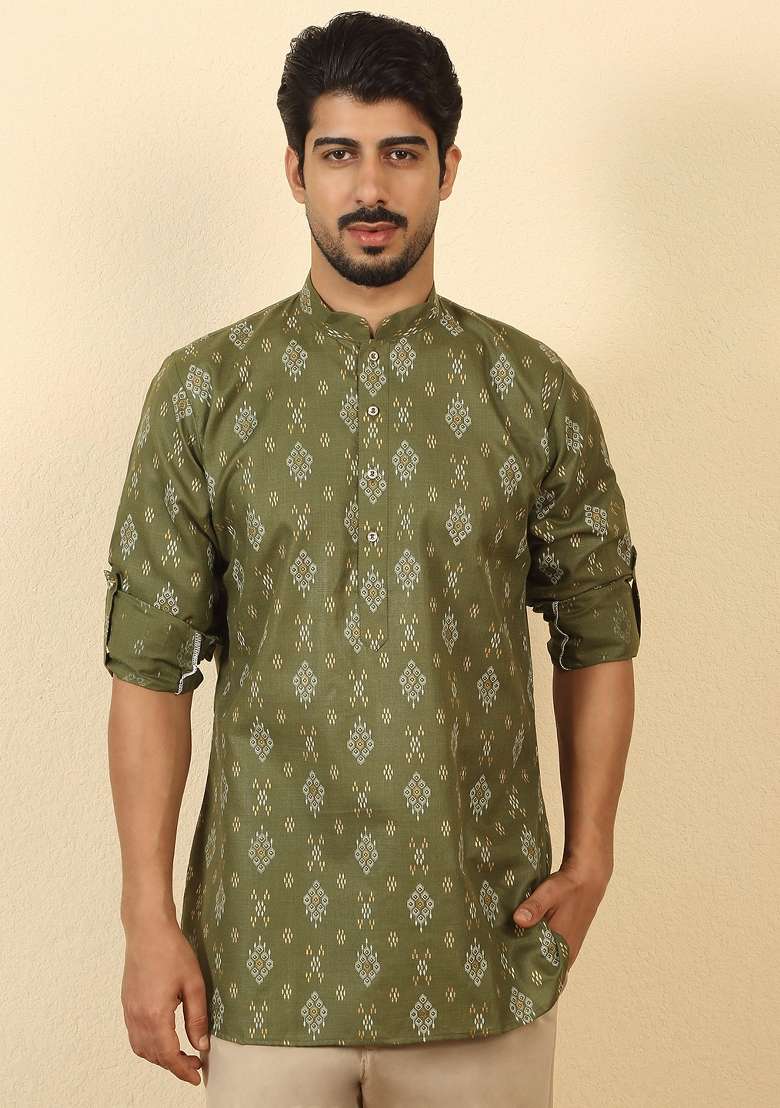 Olive Floral Print Cotton Kurta For Men - Indya