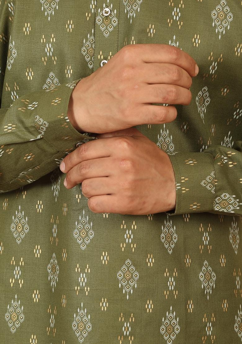 Olive Floral Print Cotton Kurta For Men - Indya