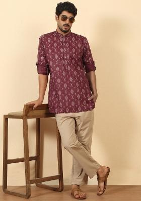 Maroon Floral Print Cotton Kurta For Men