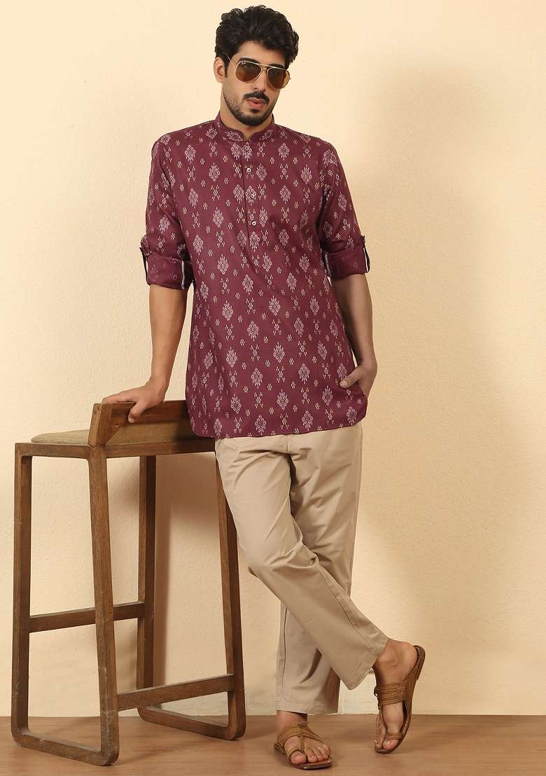 Maroon Floral Print Cotton Kurta For Men - Indya