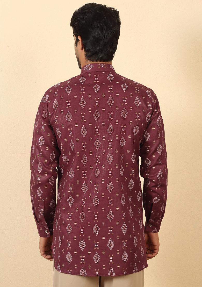 Maroon Floral Print Cotton Kurta For Men - Indya