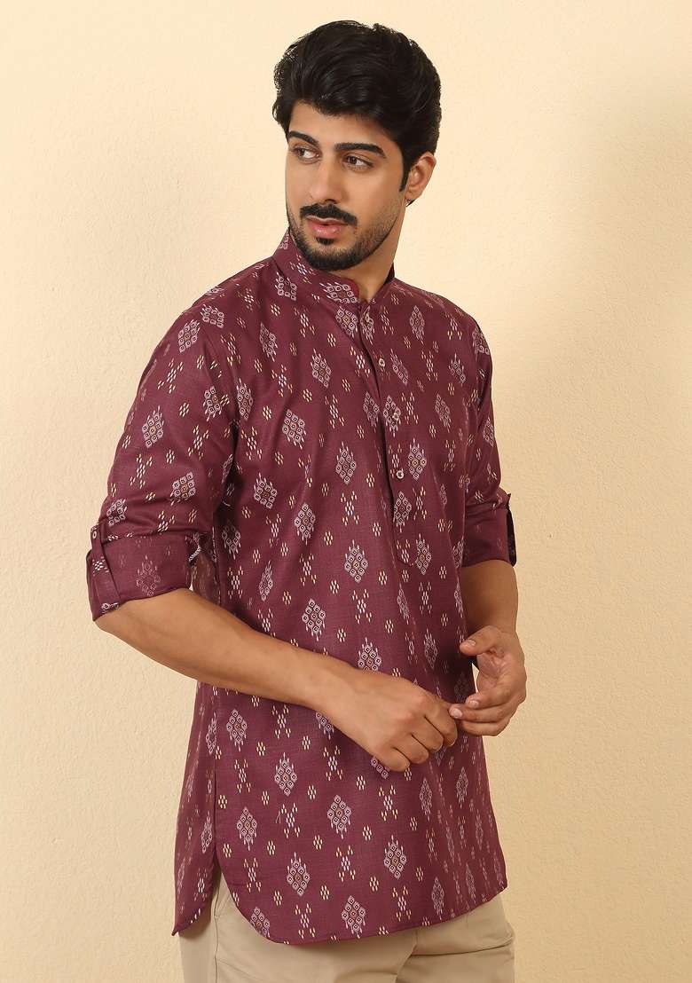 Maroon Floral Print Cotton Kurta For Men - Indya