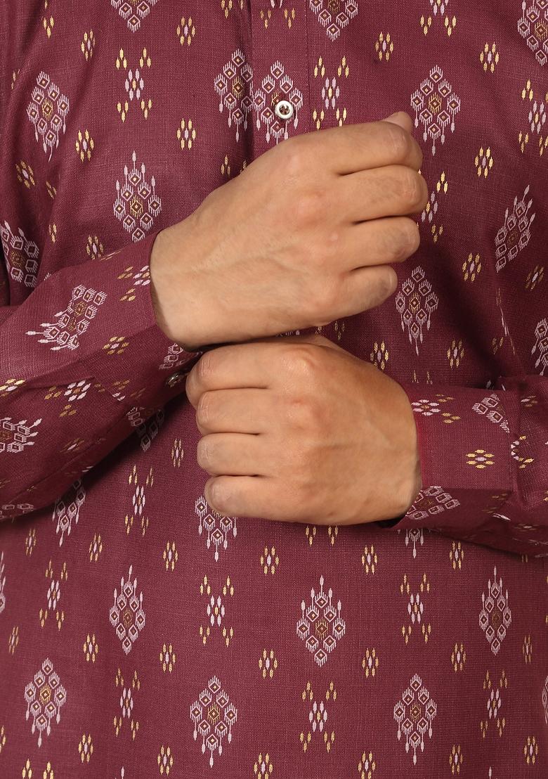 Maroon Floral Print Cotton Kurta For Men - Indya