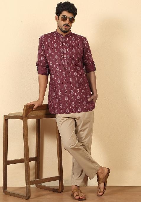 Maroon Floral Print Cotton Kurta For Men