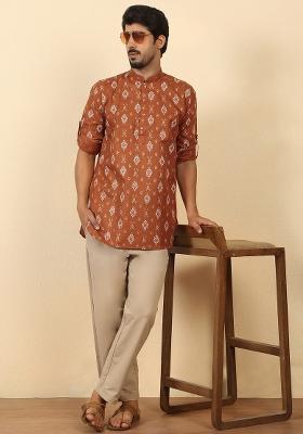Rust Floral Print Cotton Kurta For Men