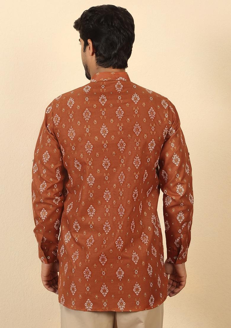 Rust Floral Print Cotton Kurta For Men - Indya