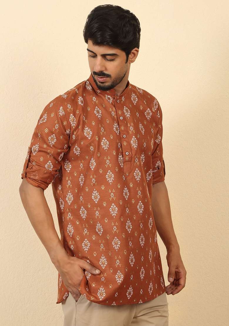 Rust Floral Print Cotton Kurta For Men - Indya