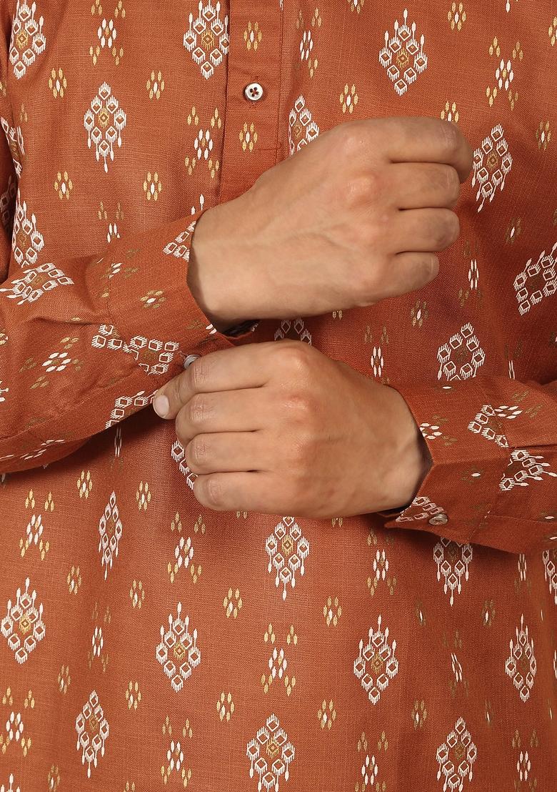 Rust Floral Print Cotton Kurta For Men - Indya