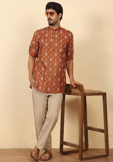 Rust Floral Print Cotton Kurta For Men