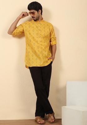 Yellow Floral Print Cotton Kurta For Men