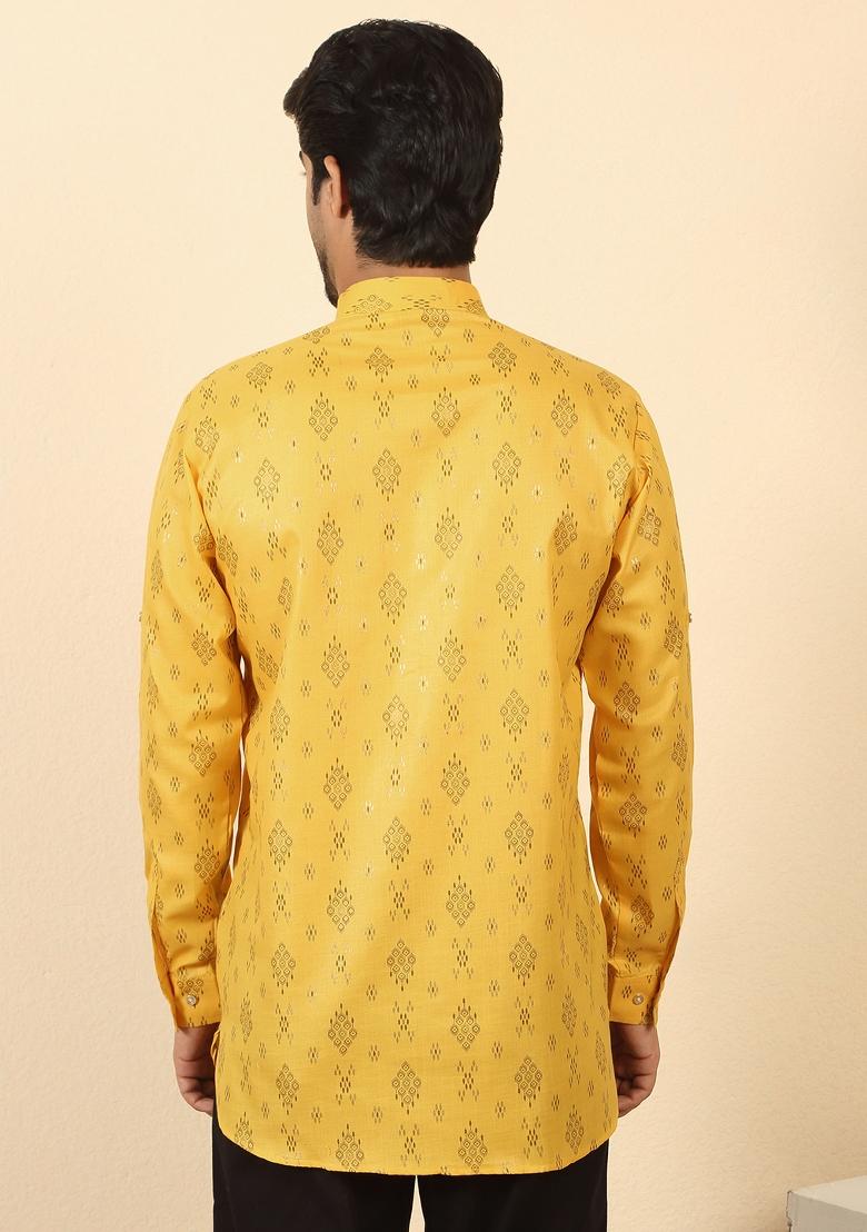 Yellow Floral Print Cotton Kurta For Men - Indya