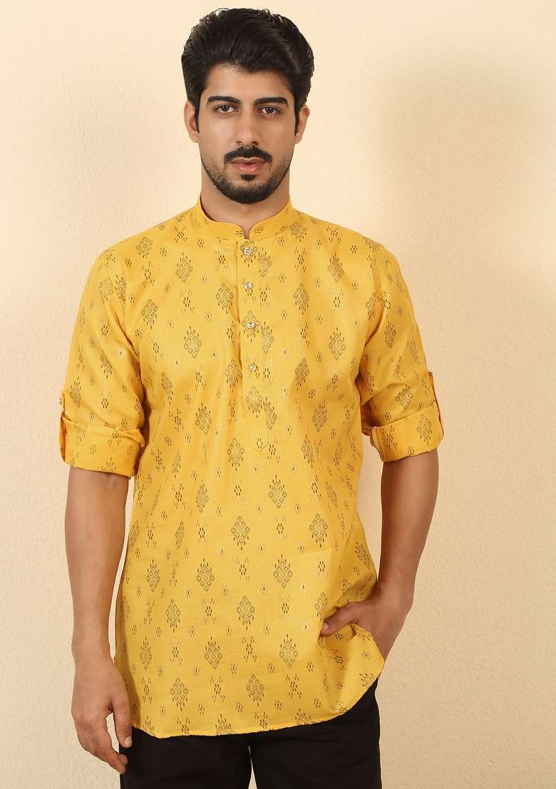 Yellow Floral Print Cotton Kurta For Men - Indya