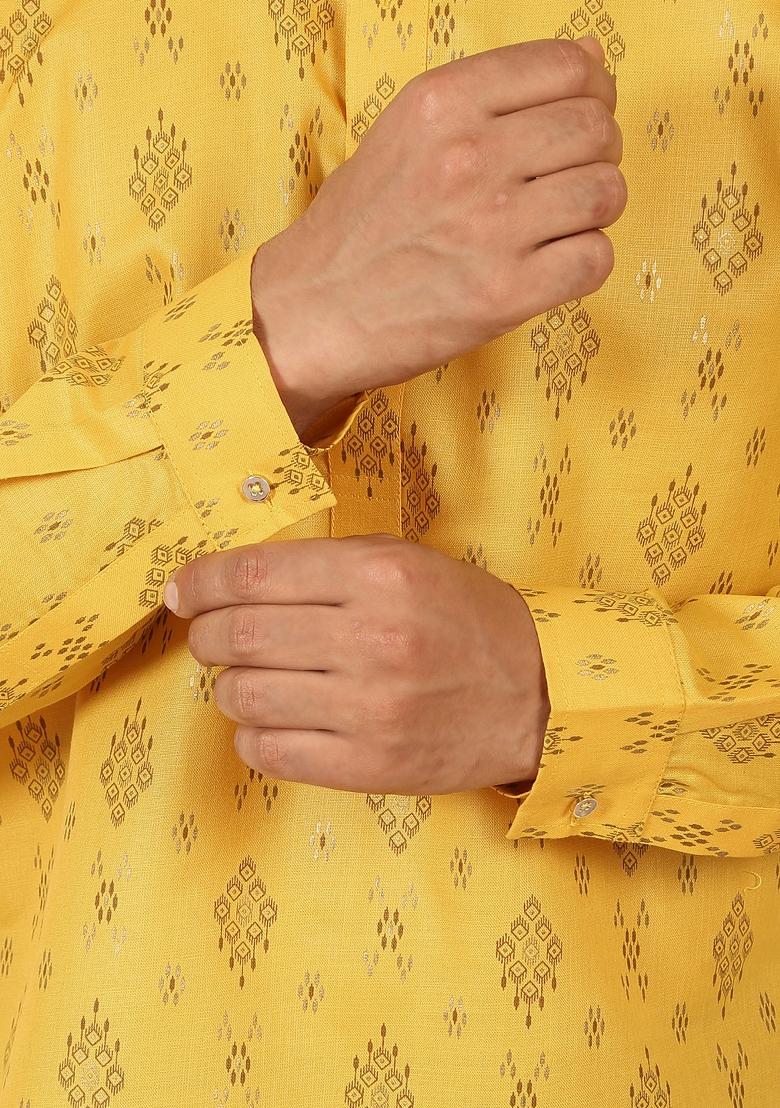 Yellow Floral Print Cotton Kurta For Men - Indya
