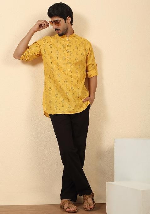 Yellow Floral Print Cotton Kurta For Men