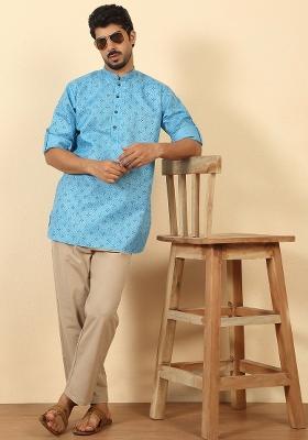 Blue Floral Print Cotton Kurta For Men