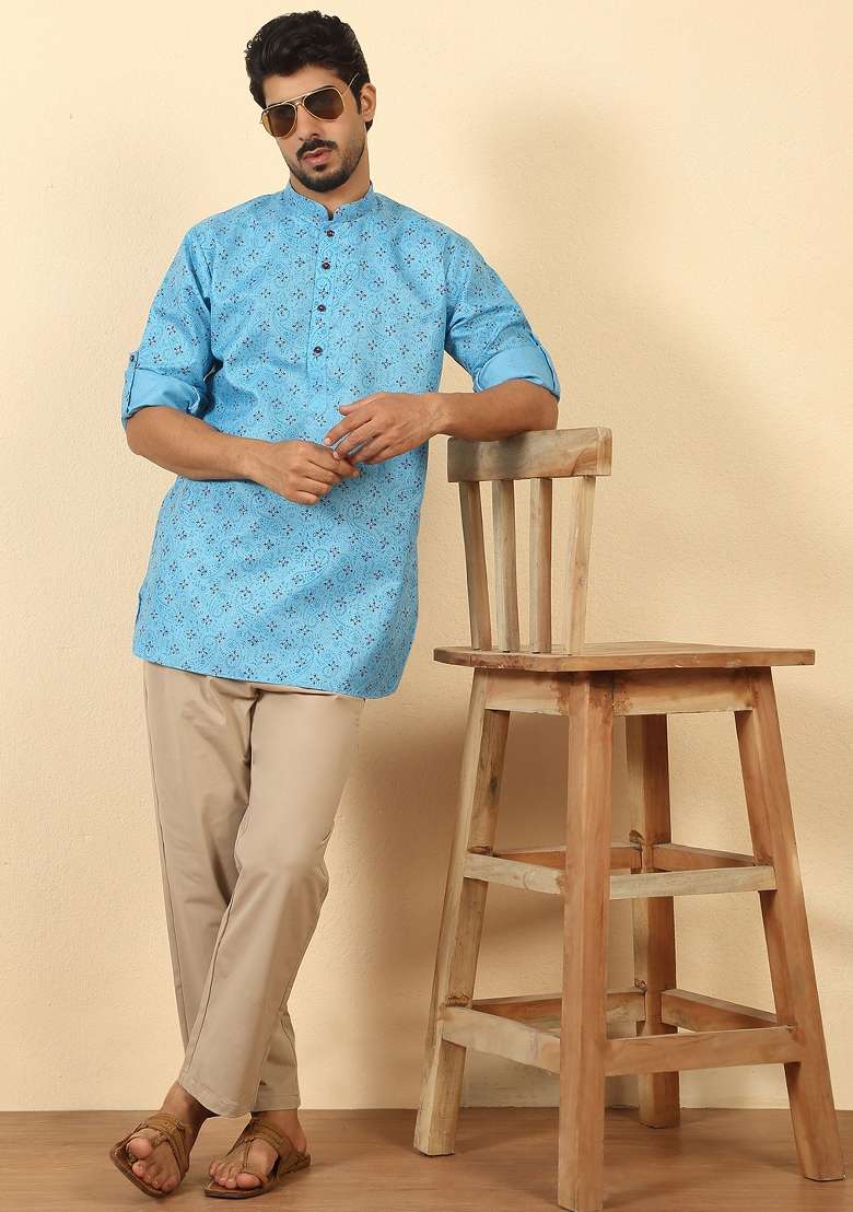 Blue Floral Print Cotton Kurta For Men - Indya