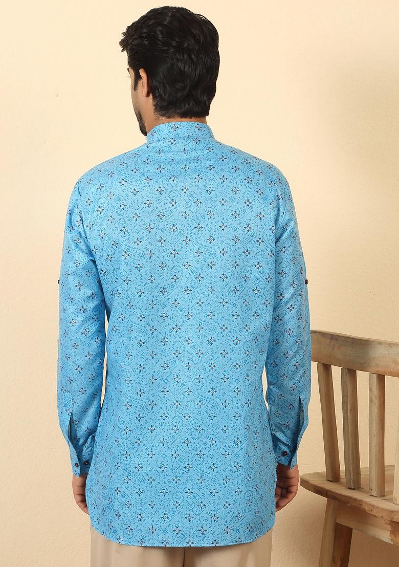 Blue Floral Print Cotton Kurta For Men - Indya